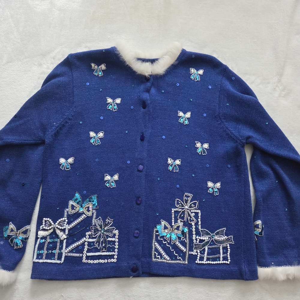 Vintage Ugly Christmas Sweater Womens MED Beaded Sequin Cardigan Fur Trim Bows